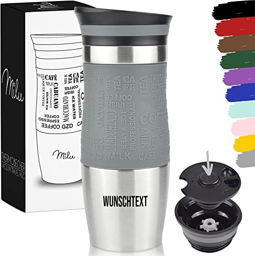Milu Thermobecher 370ml mit Gravur - als Geschenk-Idee Ostern, Vatertag, Muttertag, Weihnachten, Einschulung, Liebesgeschenk, Geburtstag, Frauen und Männer Mama Papa Kinder (Grau + Gravur)