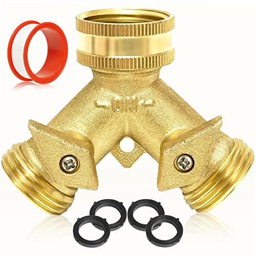 Garden Hose Splitter 2 Way - Heavy Duty Solid Brass Hose Y Splitter,Hose Faucet Splitter,3/4 Brass Hose Adapter Connectors Shut Off Valve, Hose Spigot Adapter 2 Valves, Plus 4 Extra Rubber Washers.