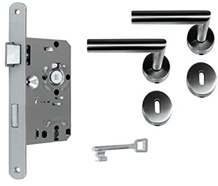 SN-TEC Zimmertür Komplett Set, Edelstahl Rosetten Beschlag L-Form (beidseitig Drücker) + Buntbart BB Schloss incl. Schlüssel (DIN Links)
