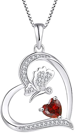 FJ Heart Butterfly Pendant Necklace 925 Sterling Silver Garnet Necklace January Birthstone Jewellery Gifts for Women