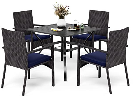 PHI VILLA Patio Furniture Metal Table and Rattan Chairs with Cushion Outdoor Balcony Garden Table and Chairs Garden Furniture Set All Weather (4+1)
