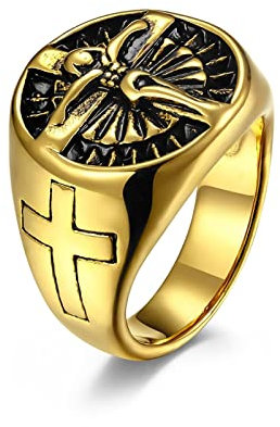 Gualiy Männer Verlobungsring, Titan Herren Ring Punk Jesus Kreuz Jahrgang Siegelring Im Gotischen Stil Größe 60 (19.1)