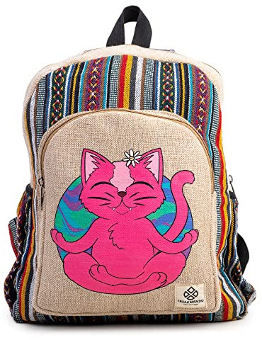 Freakmandu Rucksack aus Bio-Hanf, umweltfreundlich, Hippie-Yak-Design, langlebig, funktional, Reisen, Wandern, lässiger Tagesrucksack, Cat Yogi, Medium - 15 Litter, Cat Yogi