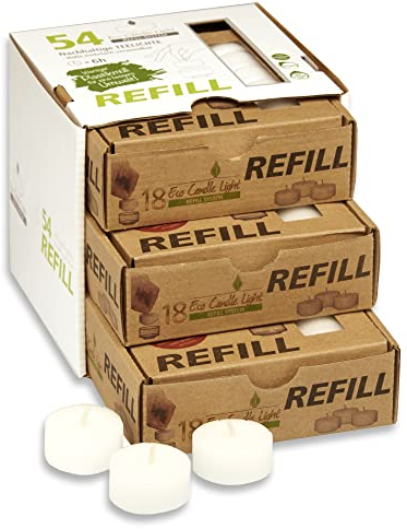 Candelo 54er Set Refill Eco Kerzen Ambiente - Teelichter ohne Hülle zum Nachfüllen - Wachsrohlinge Weiß - Plastikfrei ohne Duft - 6 Std. Brenndauer
