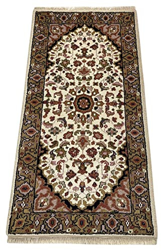 WAWA TEPPICH Handgeknüpfter Teppich aus Wolle Beige 70 x 140 cm | Naturwollteppich aus indischer Handarbeit mit charaktervoller Knüpfstruktur