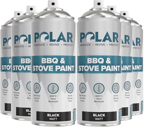 Polar BBQ & Stove Black Spray Paint -6 x 400ml | Matt Finish | Up to 650°C | Ideal Heat Resistant Paint for BBQs, Stoves, Ovens, Automotive Engines, Boilers, Firepits & More | Indoor & Outdoor Use