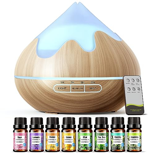 Huinnethrey 500ML Aroma Diffusor mit Top 8 Öle Geschenk Set, ätherisches Öl Diffuser mit Fernbedienung, Ultraschall-Luftbefeuchter für Home Office, 15 Farbe LED, Fernbedienung mit 4 Timer Einstellung