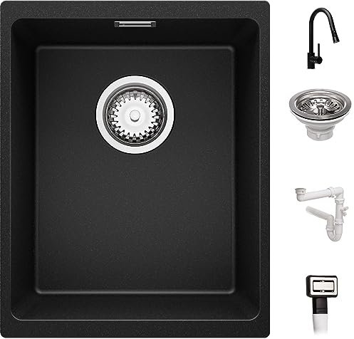 PRIMAGRAN Fregadero Granito Negro 36x47cm, Cocina 1 Seno + Grifo 40x20cm + Sifón, Sobre encimera al mueble 40cm - London Slim S013