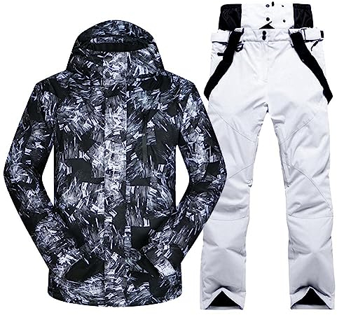 ALSOGO Herren Skianzug Ski Jacke und Hosen Set Winter Warm Wasserdicht Winddicht Kapuze Schneemantel 2-Stücke Snowboard Sets Schneeanzug 336-Weiß L