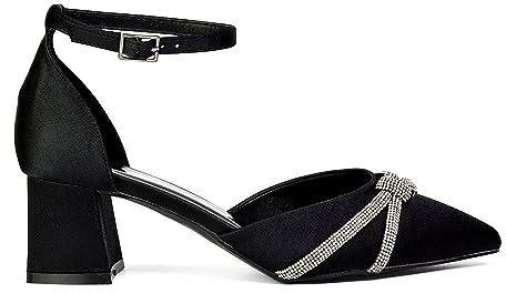 Womens Wedding Shoes Block Low Heel Ladies Ankle Strap Pointed Toe Sparkly Diamante Trim Black Bridal Evening Party Court Shoes 8