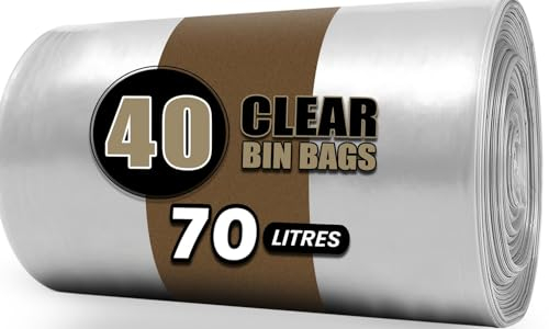 Haya Home 70L 40 Large Clear recycling bags Transparent Recycling Bin Bags, Rubbish Bags and Refuse Sacks 120 Gauge Bin Liners Heavy Duty Bin Bags Large Waste Bags From 100% Recycled Material