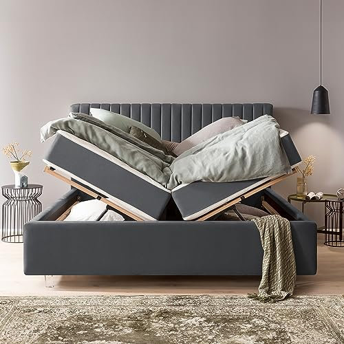 Bett mit Bettkasten 140x200 Paris Velours, ohne Matratze, Lattenrost, XXL Stauraum, Designer Polsterbett, Doppelbett, Aufbau KOSTENLOS (Dunkelgrau, 140x200 cm ohne Matratze)
