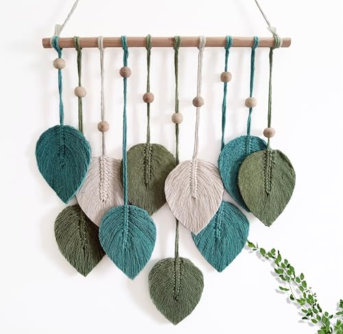 Induslyfe Makramee Wandbehang Blätter, Boho schicke Feder Wandbehang, Boho Wohnungs Wand Dekoration, Handgemacht Boho Garn gewebte Wandkunst Wandteppich für Zimmer Fensterdeko Grün Salbeigrün Beige