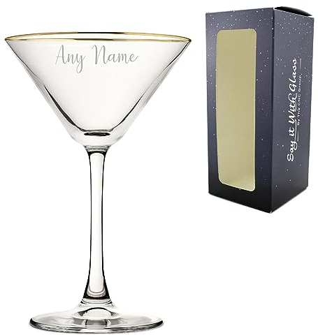 Personalised Engraved 7.5oz Gold Rim Martini Cocktail Glass with Script Name, Personalise with Any Name for Any Occasion, Gift Box Included, Laser Engraved