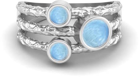 MOONEYE 0,70 Ctw-Runde Larimar Ring mit geteiltem Schaft, gehämmertes geteiltes Band, 925er-Sterlingsilber, Trio-Stein-Ring Sterlingsilber, 66