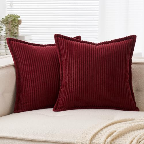 EMEMA Kordsamt Kissenbezug Weiche Kissenhülle Dekorative Sofakissen 40x40 cm 2er Set Dekokissen Moderne Zierkissenbezug Gestreifte Kissenbezüge für Wohnzimmer Schlafzimmer Weinrot