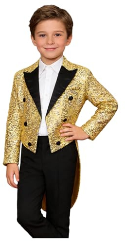 Freebily Kinder Jungen Frack Glitzer Pailletten Smoking Anzug Jacke Mantel Gentelman Jackett Tailcoat Karneval Party Show Outfits