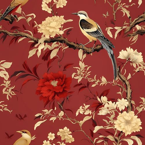REDAMANCY Vintage Golden red Peony Floral Bird Peel and Stick Wallpaper Vintage Wall Paper Stick on Contact Paper Easy Peel Off for nightstand Drawer Renter Friendly 17.7x236