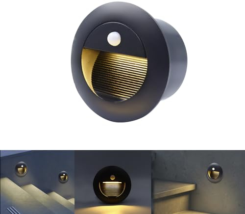 FWoche Wandeinbauleuchte mit Bewegungsmelder 3000K, 1.5W rund Wandleuchte IP65 65mm(Nicht die Standardgröße 60mm) Treppenleuchte aussen Treppenlicht Sensor mit Dose Aluminium, 230V, schwarz