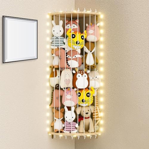 Stuffed Animal Storage Kids Toy Organizer Adjustable Length Corner Stuffed Animal Storage Cage Plushies Storage with LED Lights Wall Hanging Corner Plush Holder for Nursery Kids Play Room Bedroom