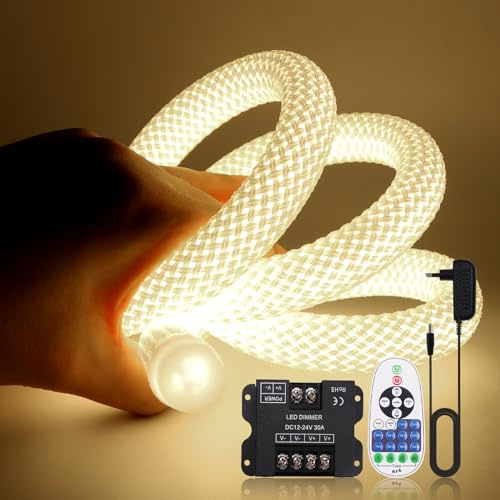 KISUFU 24V Neon LED Strip Lights, IP67 Waterproof Neon Rope Lights 360° Silicone 2835 240 Leds/m Circular mesh Neon Strip Lights with 23 key RF 30A dimmer for Garden,Bedroom,Decor.