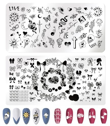 NICENEEDED 2 Pcs Punk Style Nail Art Stamping Templates, Tarot Cross Snake Butterfly Bowtie Image Nail Plates Kit for DIY Manicure