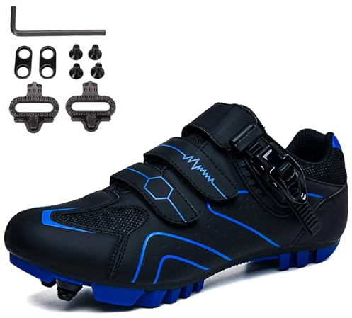 SDEQA MTB Schuhe, Moutntain Fahrradschuhe Herren Damen kompatibel mit SPD 2 Schrauben mit Cleats Radschuhe Mountainbike Schuhe Draussen Radsportschuhe,Black Blue,36 EU