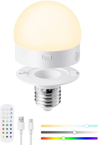 EDISHINE USB Rechargeable Light Bulb, Dimmable Remote Control LED Light Bulb,12RGB 3 Color Temperature, Portable Battery Powered Light Bulbs with Timing Function, E26/E27 Base, 1 Pack