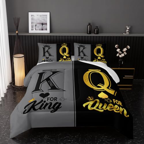 Nttopship Bettwäsche-Set für King-Size-Betten und Queen-Size-Betten, 3-teilig, Mr Mrs, Bettdecken-Set für Erwachsene, Paare, Männer, Frauen, Ihn und Sie, Steppdecken-Set mit 2 Kissenbezügen,