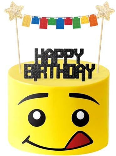 Building Blocks Cake Topper,Star Flag Banners Bunting Banner Cake Toppers 3D Print Birthday Cake Topper Character Face Design Party Supplies Decorations for Boys Girls