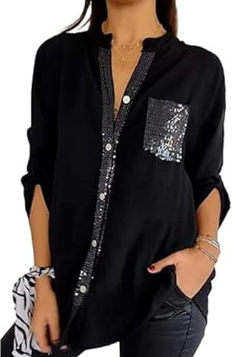 Cotton V-Neck Sequin Mid-Sleeve Casual Top,Glitter Sequin Tee Shirt Top,Women Button Up Plus Size Pocket Short Sleeve,Shiny Shirts for Women V Neck Casual Tee Shirt Top