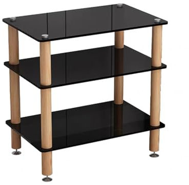 GUAWJRZDP Hi Fi Rack, Hi Fi Regal mit Gehärteter Glasplatte, Audio Rack Hi Fi Regal, Record Player Stand mit Stoßdämpfenden Füßen, Offener Phonoschrank, TV-Ständer mit Holzsäulen(Black+Wood,3-Tier)