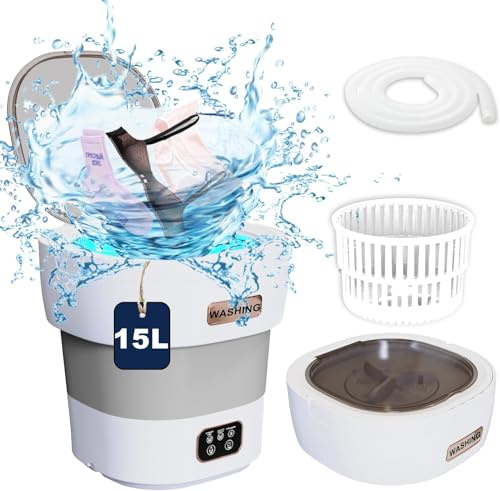 Lavatrice da campeggio, 15 l, 2 in 1, portatile, con centrifuga, pulizia profonda della biancheria intima, abbigliamento per bambini, pantaloni corti, calze, mini lavatrice pieghevole (grigio)