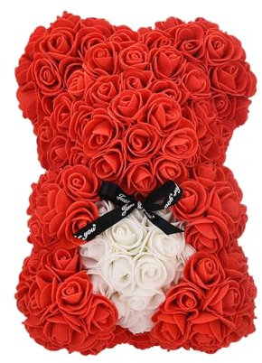 Rose Bear & Black Ribbon | Rose Petals Teddy Bear Presents for Women | Artificial Flowers Rose Bear Valentine Gifts (Red, M)