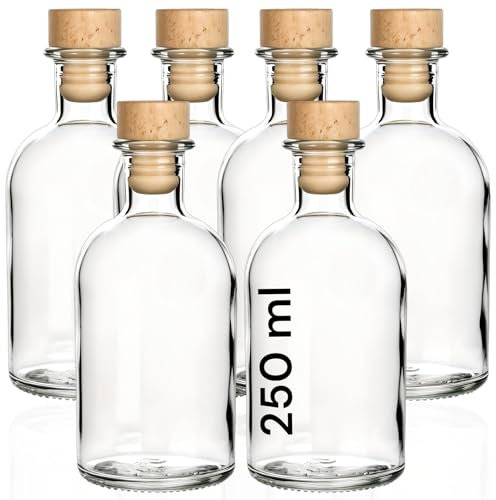 gouveo 6er Set Glasflaschen 250 ml Apotheker mit Korken (HGK) - Runde Flasche zum Befüllen - Leere Apothekerflasche für Likör, Öl, Essig (AFRT250HGK)