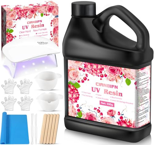 CIANBIFN 500 g UV Harz Klar Kit, Upgrade UV Resin Hart, kristallklares Transparentes, Schnelle Aushärtung, UV Epoxidharz für DIY Kunst, Schmuck,Handwerk, Basteldekoration, UV Resin Set mit UV Lampe
