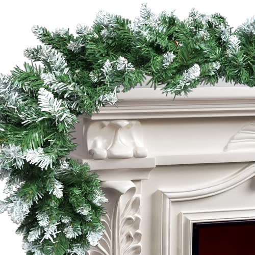 Guirnalda de Navidad verde con puntas de nieve de 270 cm (9 pies) para decoración del hogar, guirnaldas artificiales para árbol de Navidad, escaleras, chimeneas, decoración de jardín, decoración