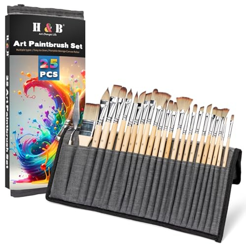H&B 25pcs Professional Paint Brushes Set for Acrylic, Oil, Watercolor - Synthetic Hair Artist Brushes with Fine Detailing - Canvas, Wood, Ceramics Kit (Natural)