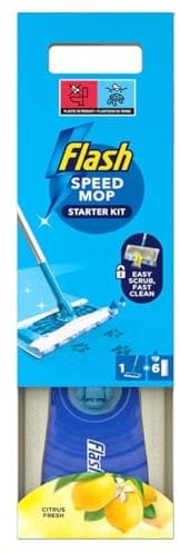 Flash Speedmop Wet Mop Floor Cleaner Starter Kit 1 Handle & 6 Citrus Fresh Wet Refills Scrubbing Action for Hard Floors Fast, Hygienic, Daily Cleaning for Wood, Tile, Lino Yellow - 1 Pack