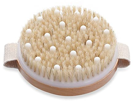 WUZIA Peeling-Trockenbürste für Körper mit Naturborsten, Rundkopf-Design, 11 x 11 x 3,5 cm, Nass- und Trockenmassagebürste für Dusche