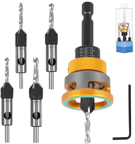 6 Pcs Countersink Drill Bit Set with Depth Stop HSS Drill Countersink with 1/4 Inch Hex Precision Drilling Tool for Wood Processing(Golden)