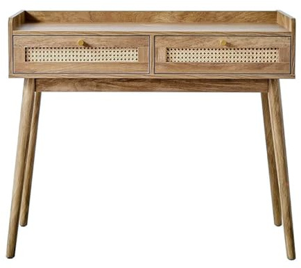 Calicosy Console d'Entrée Palmo 2 Tiroirs Rotin Naturel L 100 cm | Boutons Dorés, Pieds en Bois Décor Chêne, P 35 x H 85,2 cm, Pour Salon et Entrée
