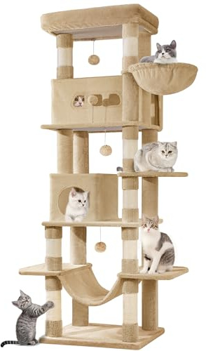 Hzuaneri Kratzbaum Groß, 210 cm Hoch, Katzenbaum, 8 Kratzbäume, Kamelbraun | mit 2 Höhlen, Groß Plattformen, Waschbare Matte, Hängematte, Plüschbälle, Mehrstöckiger Katzenkratzbaum, MS21018LC