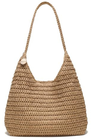 SUANNI Khaki Stroh-Strandtasche für Damen, Geflochtene Hobo-Tragetasche, Leichte Lässige Boho Sommer-Schultertasche, Faltbare Alltagstasche für Urlaub, Einkaufen & Reisen