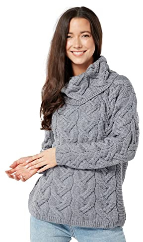 100% Superweicher Merinowolle Chunky Zopfmuster Aran Pullover, in Natur/Ozeangrau/Meeresblau