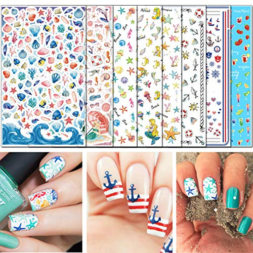 TailaiMei 3D Summer Nail Decals Stickers, 1000+ Pcs Self-adhesive Tips DIY Nail Art Design Stencil (8 Large Sheets)
