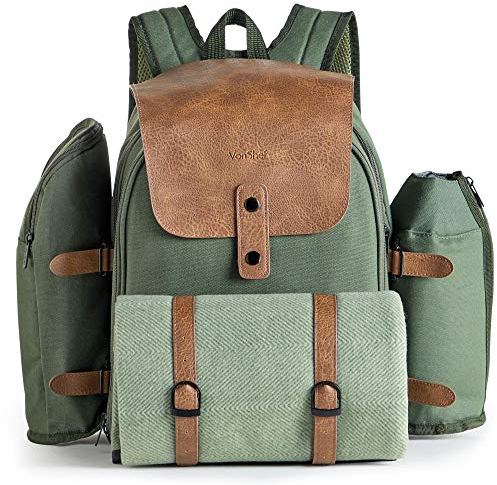 VonShef Picnic Backpack, 4 Person Green Adventure Bag with Full Dining & Cutlery Set, Insulated Cooler Compartment & Large Waterproof Picnic Blanket, Lightweight Water Resistant Camping Accessories