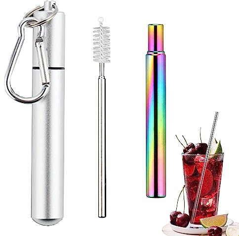 MINGZE Telescopic Reusable Straws, Stainless Steel Drinking Straw Keychain Portable Set with Cleaning Brush Storage Case and Carabiner, Folding Metal Straw for Travel Home and Office(Silver-Colorful)