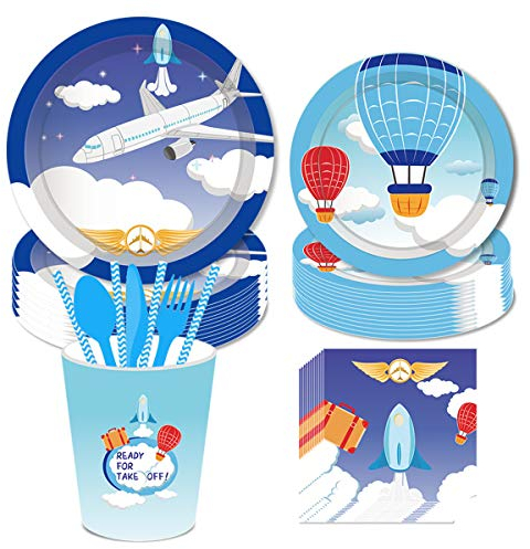 FAIRYRAIN Airplane Birthday Theme Party Supplies Decorations Set ncluding 8 x 9 Plates, 8x 7 Plates, 8x9 Oz Cups, 20x Luncheon Napkins,24 Pcs Tableware Set, Paper straws Serves 8 Guest Set