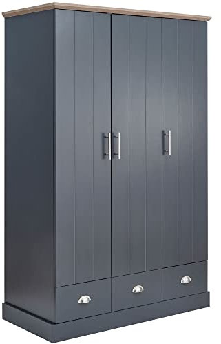 GFW Kendal 3 Door Wardrobe With Hanging Rail & 3 Storage Drawer For Bedroom, Modern Wooden Wardrobes, Modern Bedroom Furniture Clothes Storage With Contrast Oak Top, Slate Blue,